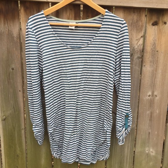 Akemi + Kin (Anthro) Sylvie Pointelle blue white striped top - size S - Picture 1 of 8